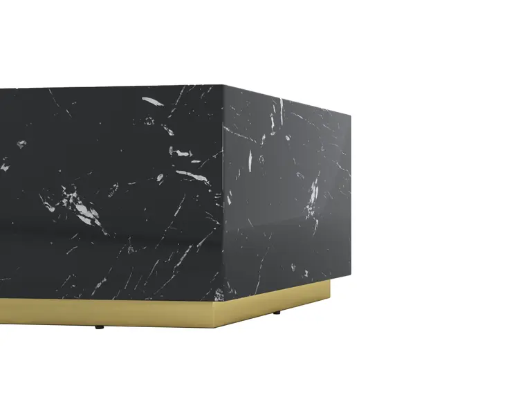 35" Black And Gold Faux Marble Hexagon Drum Coffee Table
