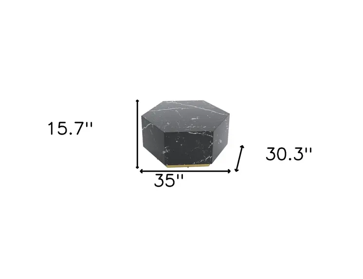35" Black And Gold Faux Marble Hexagon Drum Coffee Table