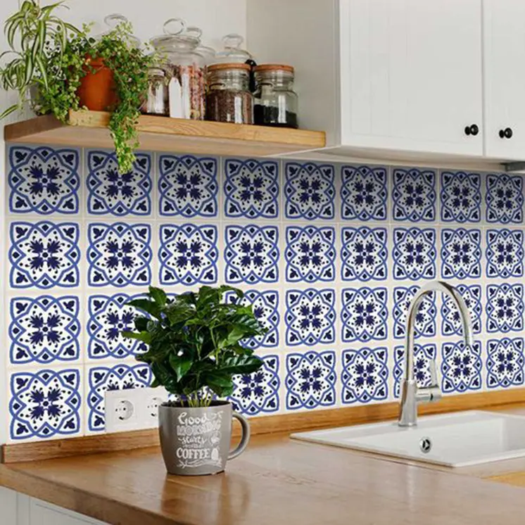 12" X 12" Blue And White Mosaic Peel And Stick Removable Tiles