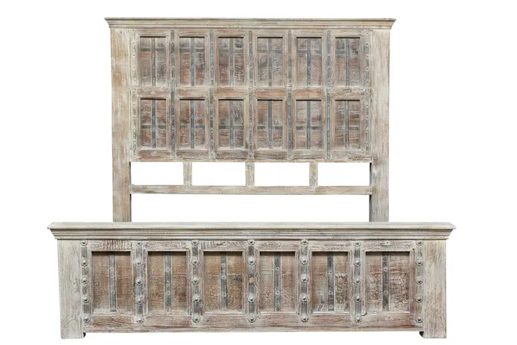 Natural Carved Geometric Distressed Solid Wood King Bed Frame