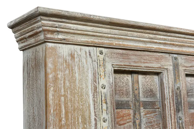 Natural Carved Geometric Distressed Solid Wood King Bed Frame