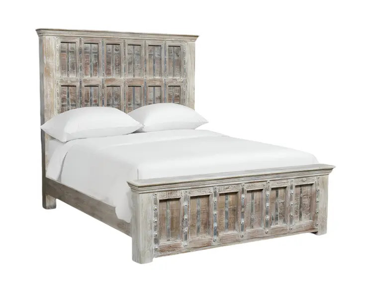 Natural Carved Geometric Distressed Solid Wood King Bed Frame