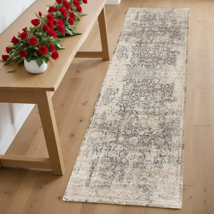 7' Gray Floral Runner Rug