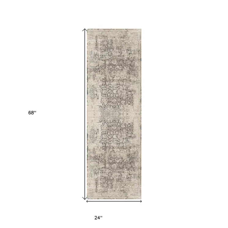 7' Gray Floral Runner Rug