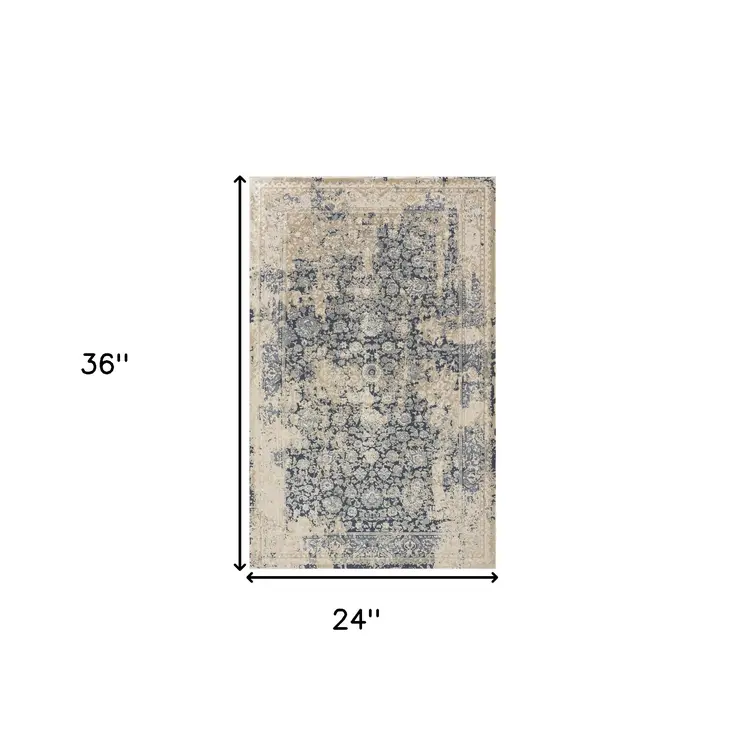 2' X 3' Blue and Ivory Floral Area Rug