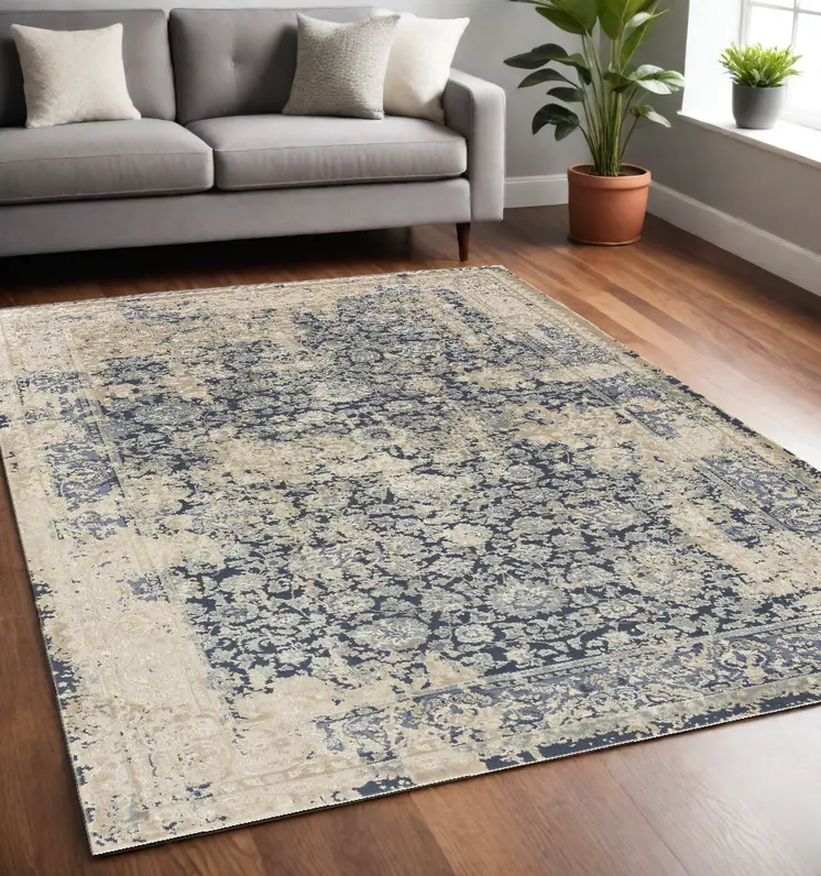 5' X 8' Blue and Ivory Floral Area Rug