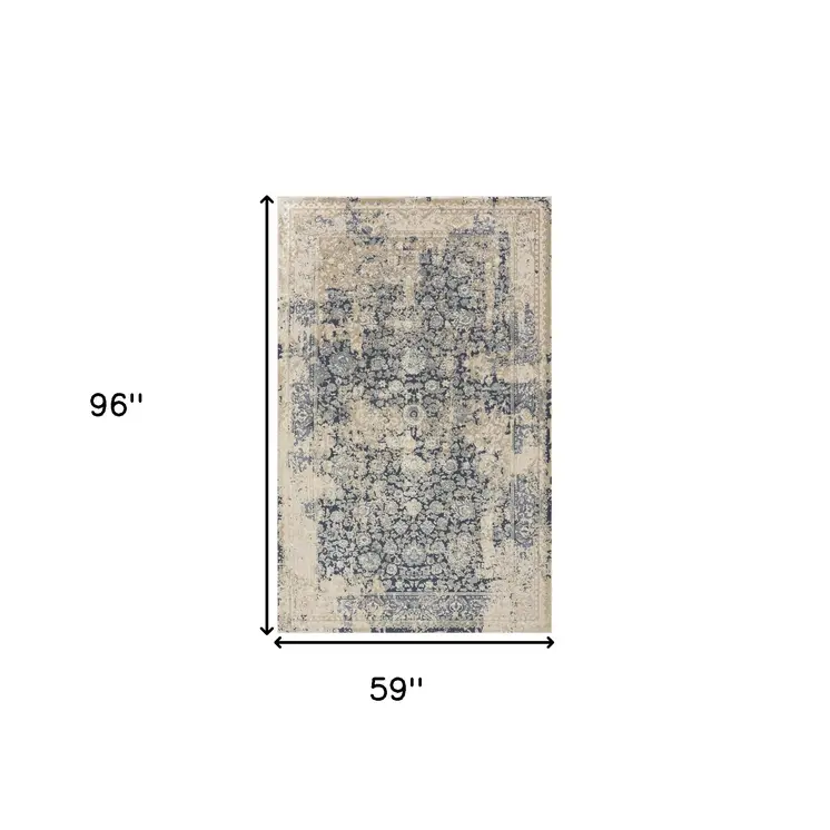 5' X 8' Blue and Ivory Floral Area Rug