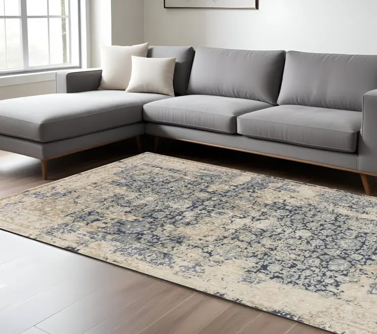 10' X 14' Blue and Ivory Square Floral Area Rug