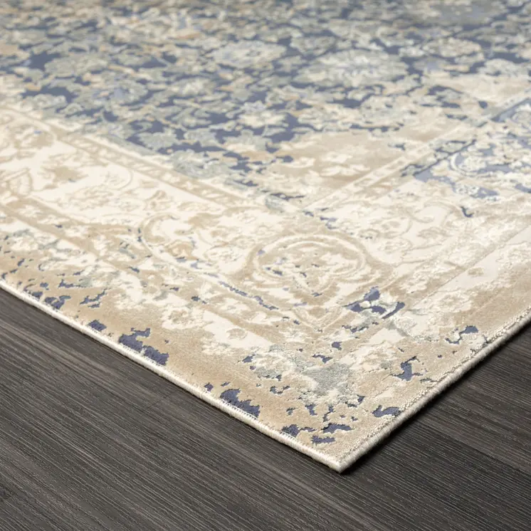 10' X 14' Blue and Ivory Square Floral Area Rug