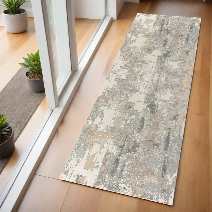 7' Gray And Beige Abstract Runner Rug