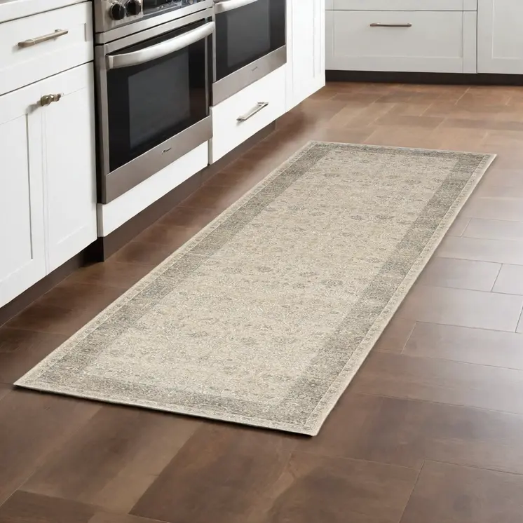 7' Beige Floral Runner Rug