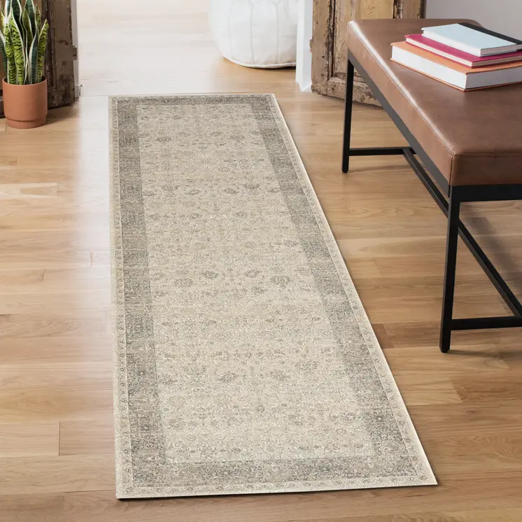7' Beige Floral Runner Rug