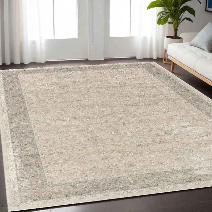 5' X 8' Beige and Ivory Floral Area Rug