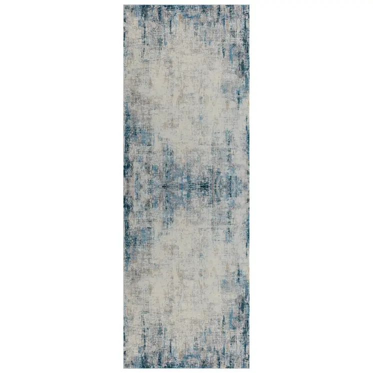 6' Blue And Ivory Abstract Runner Rug