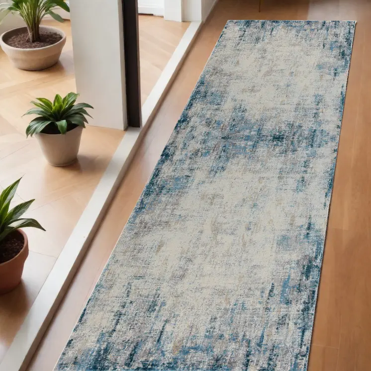6' Blue And Ivory Abstract Runner Rug