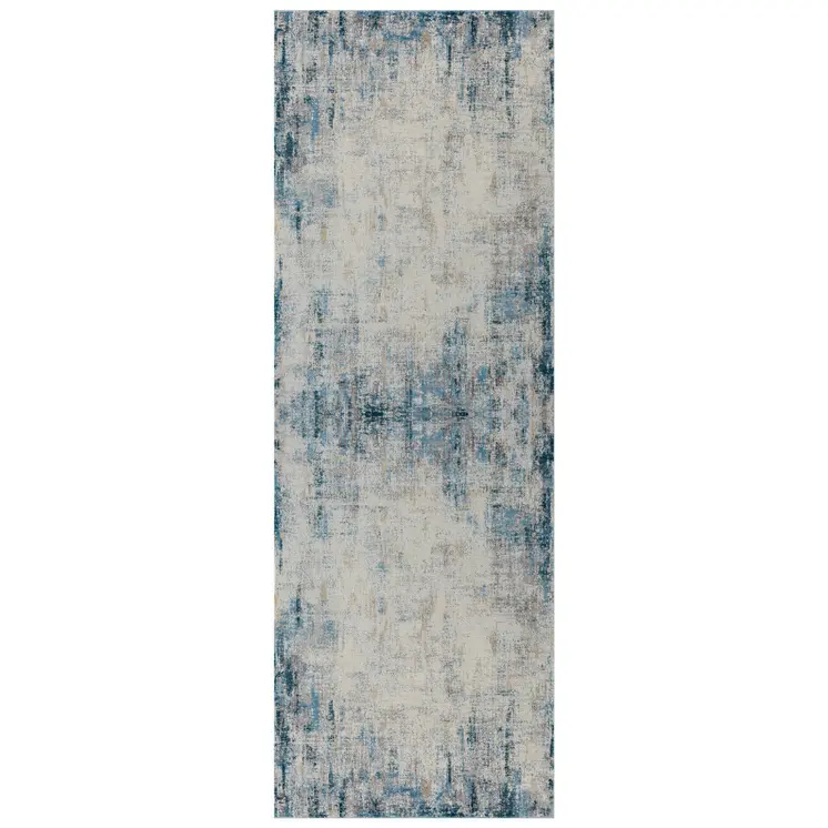 6' Blue And Ivory Abstract Runner Rug