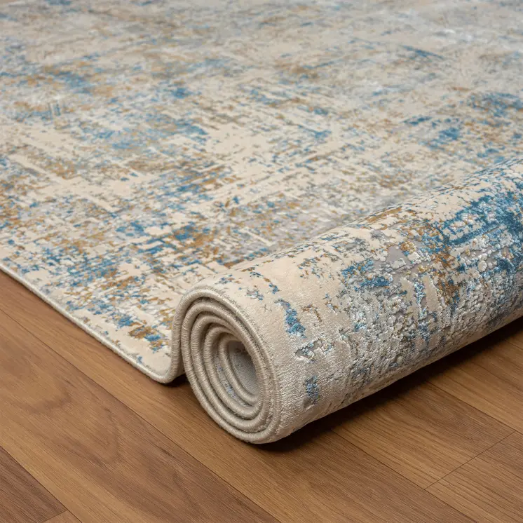 6' Blue And Ivory Abstract Runner Rug