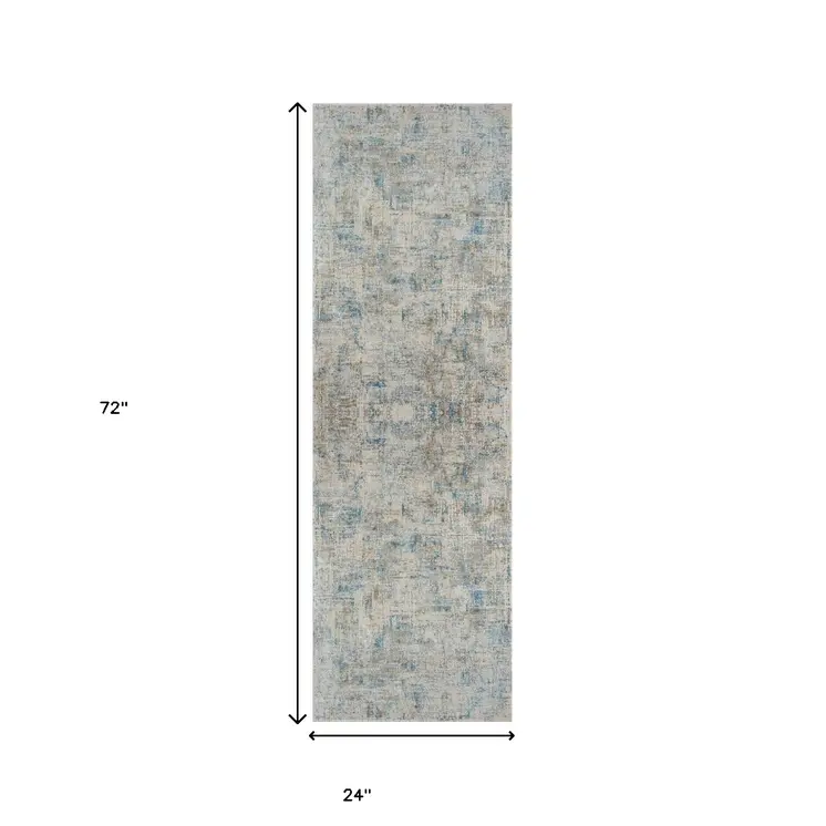 6' Blue And Ivory Abstract Runner Rug