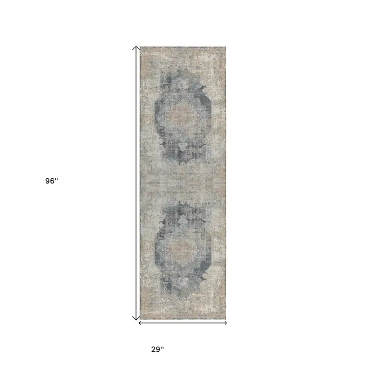 8' Beige Medallion Runner Rug
