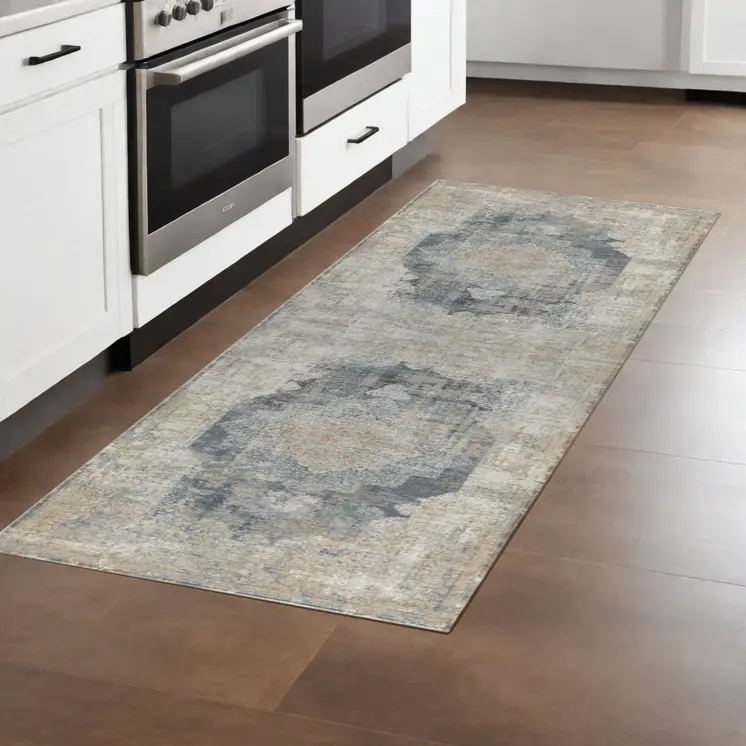 8' Beige Medallion Runner Rug