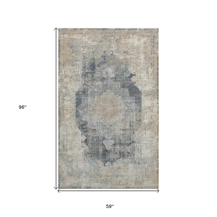 5' X 8' Beige and Gray Medallion Area Rug