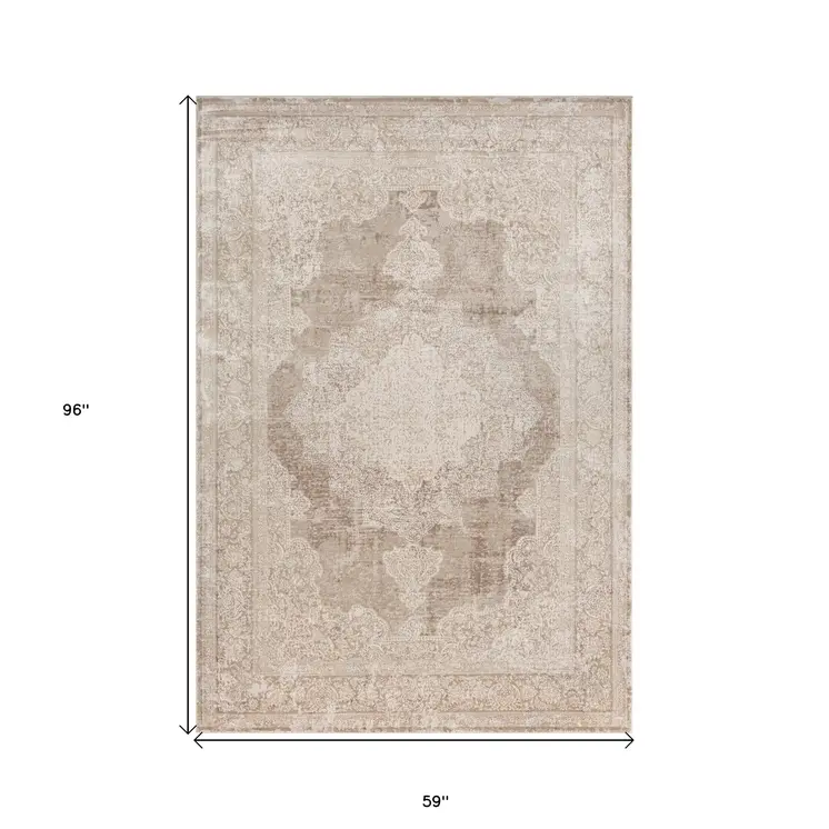5' X 8' Beige and Ivory Medallion Area Rug