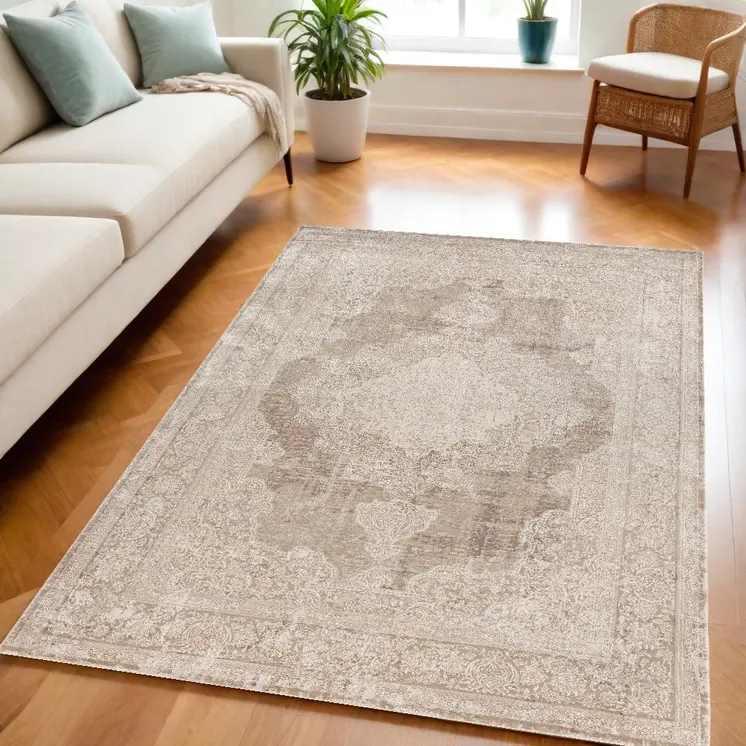 5' X 8' Beige and Ivory Medallion Area Rug