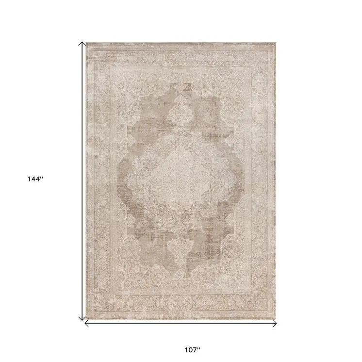 9' X 12' Beige and Ivory Medallion Area Rug