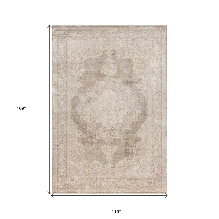 10' X 14' Beige and Ivory Medallion Area Rug