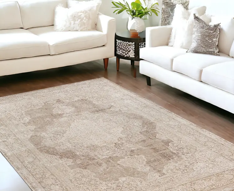 10' X 14' Beige and Ivory Medallion Area Rug