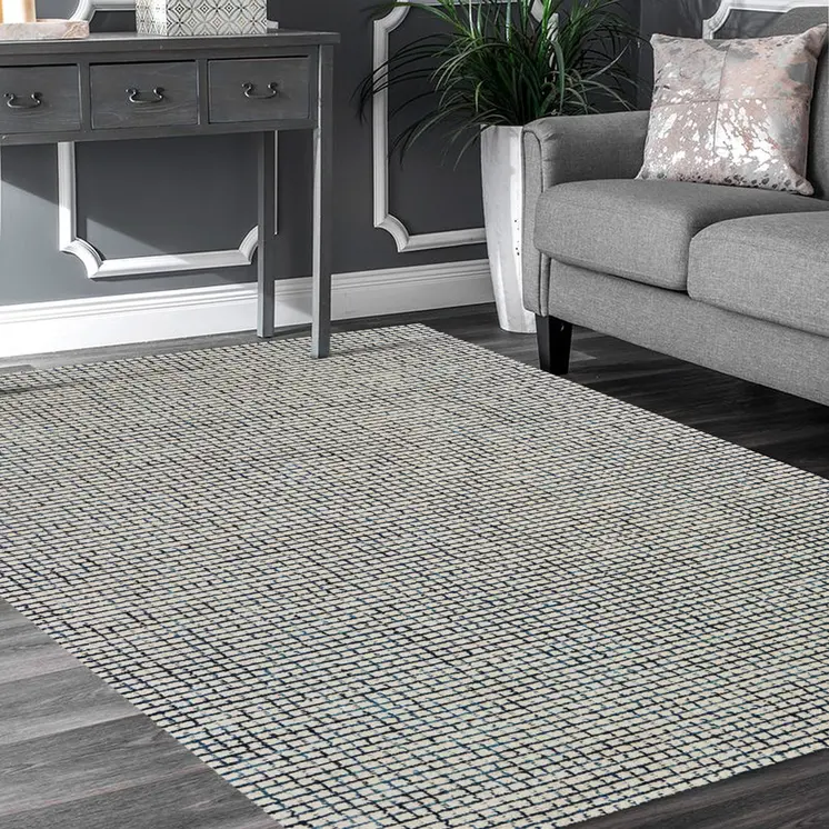 10' X 14' Blue and Ivory Wool Checkered Hand Hooked Area Rug
