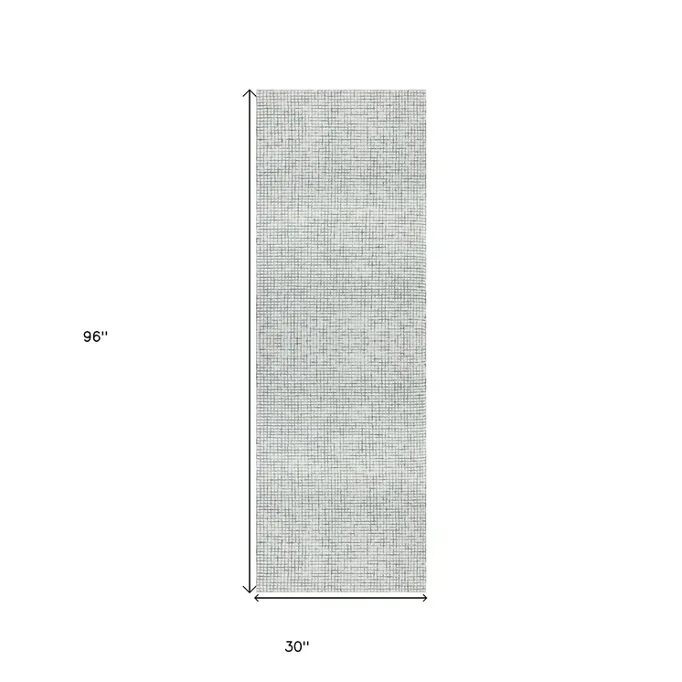 8' Gray And Ivory Wool Checkered Hand Hooked Runner Rug