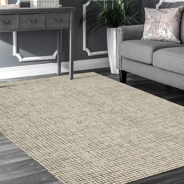 10' X 14' Gray and Ivory Wool Checkered Hand Hooked Area Rug