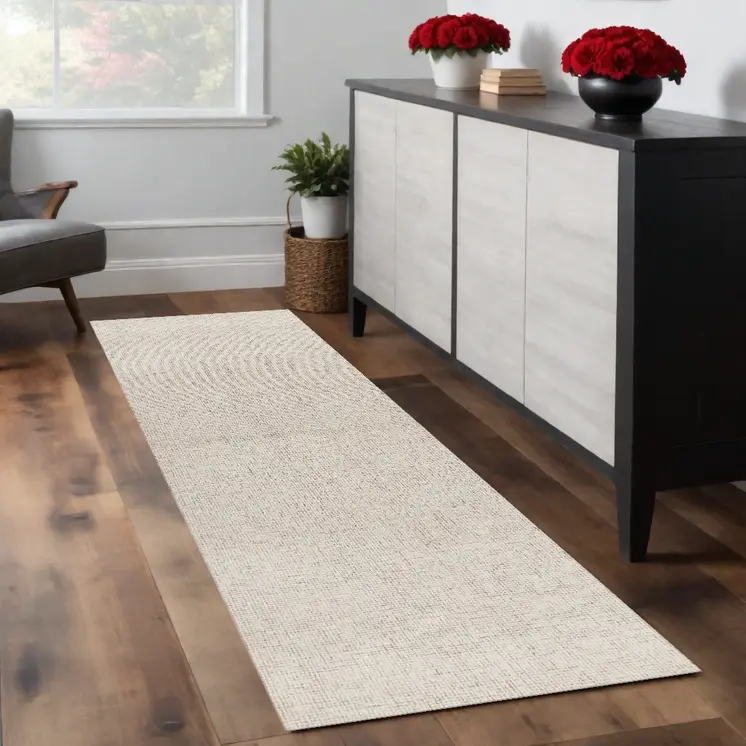 8' Beige And Brown Wool Abstract Hand Tufted Runner Rug