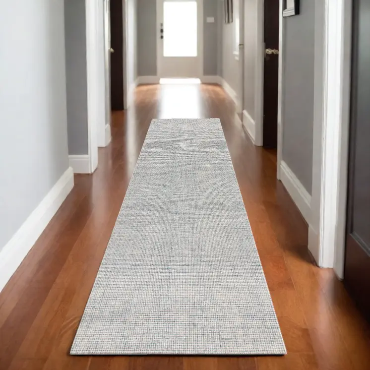 8' Blue And Ivory Wool Abstract Hand Tufted Runner Rug