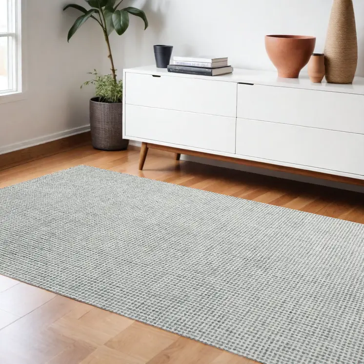 8' X 10' Green and Ivory Wool Checkered Hand Tufted Area Rug