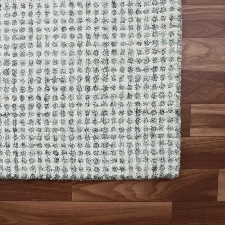 9' X 12' Green and Ivory Wool Checkered Hand Tufted Area Rug