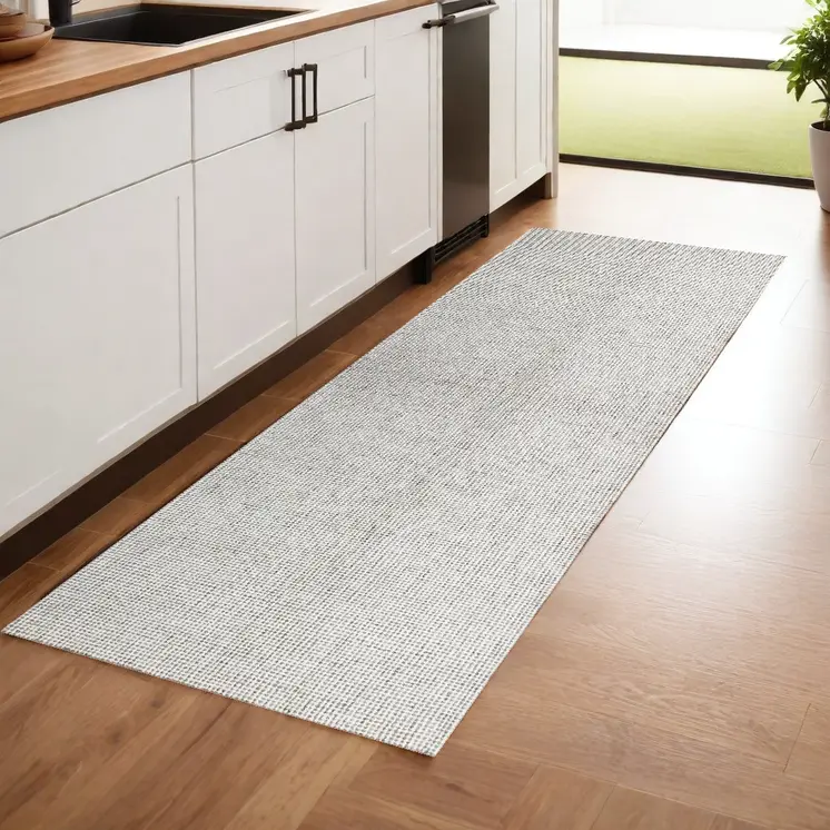 8' Gray And Ivory Wool Checkered Hand Tufted Runner Rug