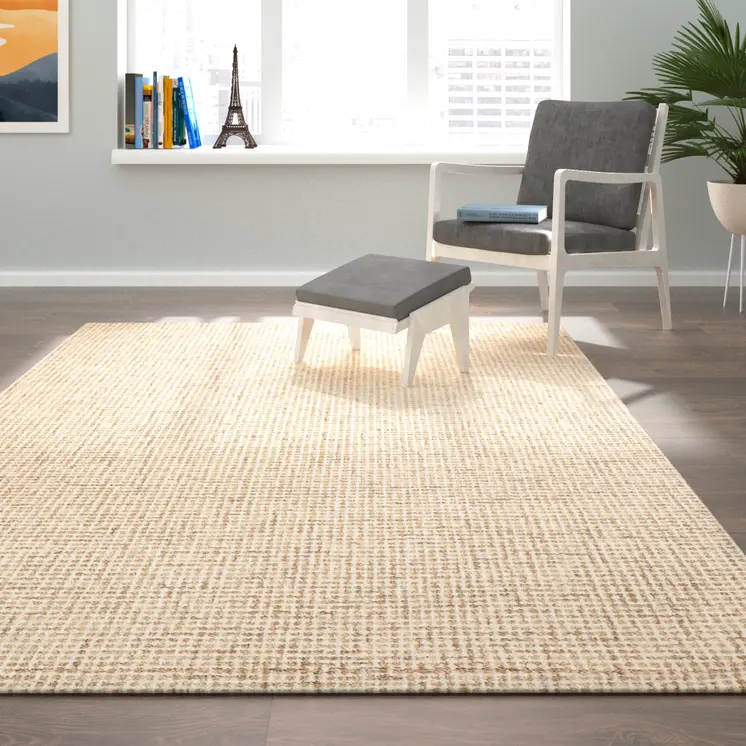 8' X 10' Beige and Ivory Wool Checkered Hand Tufted Area Rug