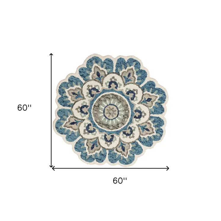 5' Blue and Ivory Round Wool Floral Hand Tufted Area Rug