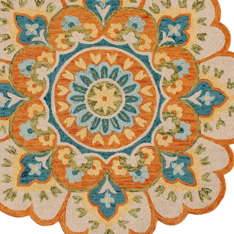 4' Orange and Blue Round Wool Floral Hand Tufted Area Rug