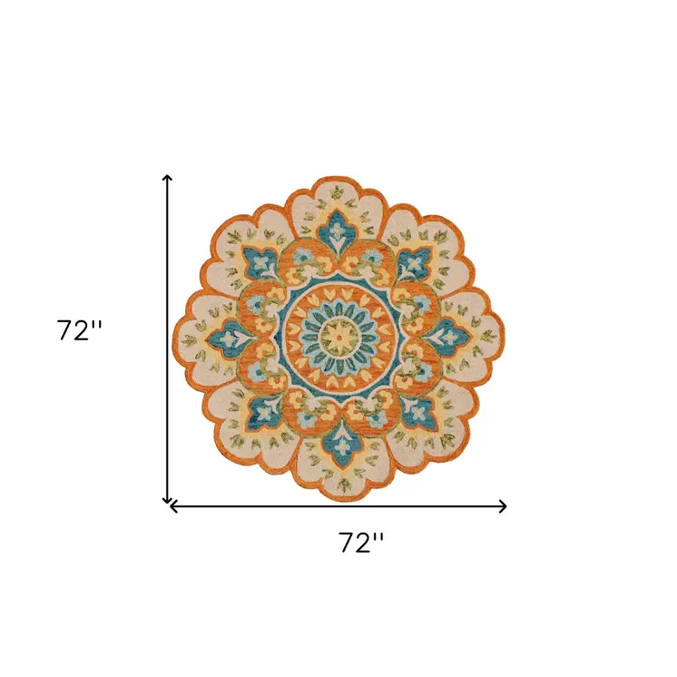 6' Orange and Blue Round Wool Floral Hand Tufted Area Rug