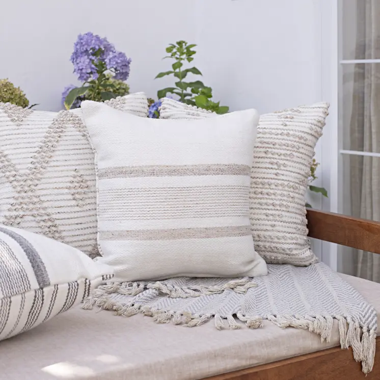 20" White and Natural Diamond Throw Pillow