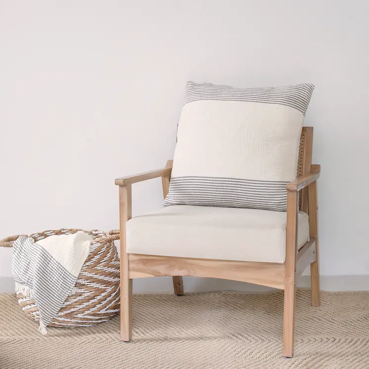 22" Gray and Ivory Striped Cotton Throw Pillow