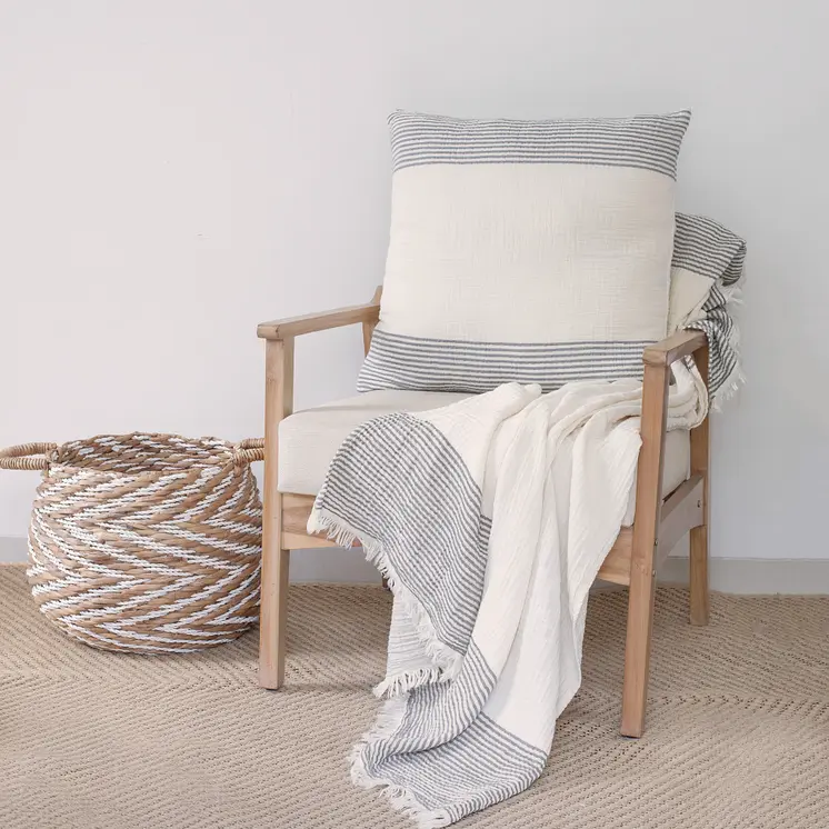 22" Gray and Ivory Striped Cotton Throw Pillow
