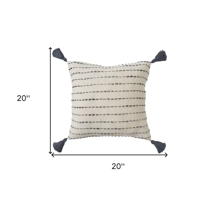 20" White Cotton Pillow With Tassels Edges