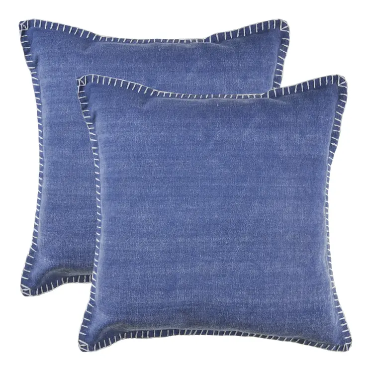 Set of Two Blue Cotton Throw Pillow