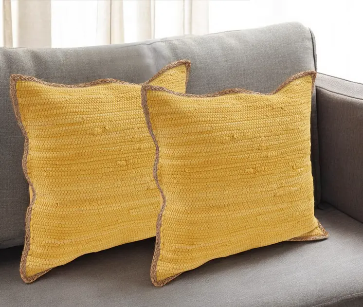 Set of Two 20" Yellow Cotton And Jute Throw Pillows with Texture