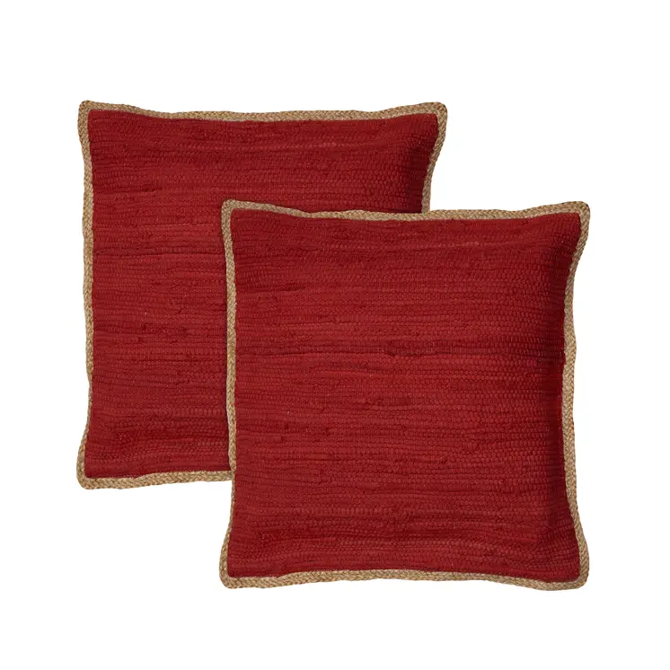 Set of Two 20" Red Cotton And Jute Throw Pillows with Texture