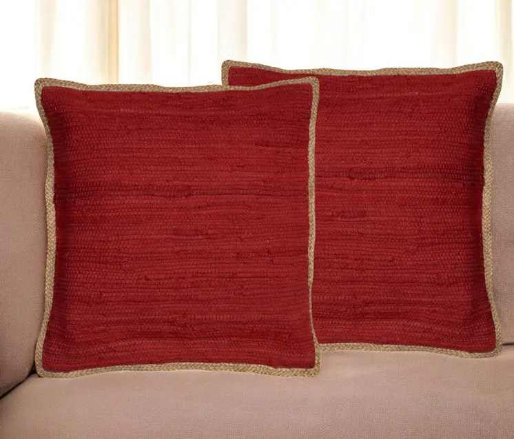 Set of Two 20" Red Cotton And Jute Throw Pillows with Texture